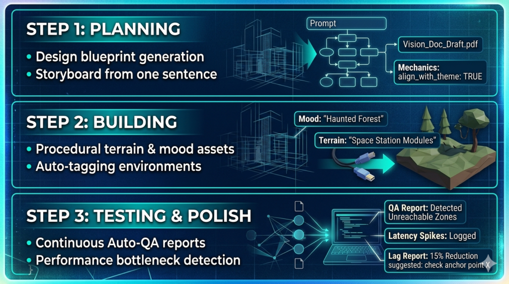 Roblox agentic AI workflow diagram: Planning, Building, and QA Testing 2026